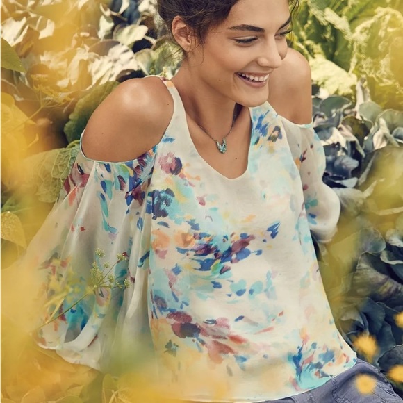 Anthro Maeve 100% Silk Watercolor Floral Cold Shoulder Tank Blouse Top - Picture 5 of 12